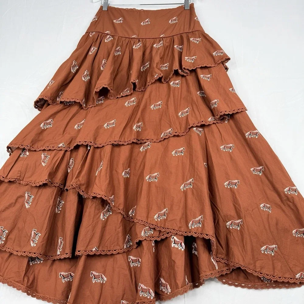 FARM Rio for Anthropologie Maxi skirt Rusty Brown Embroidered Horse Layered XS